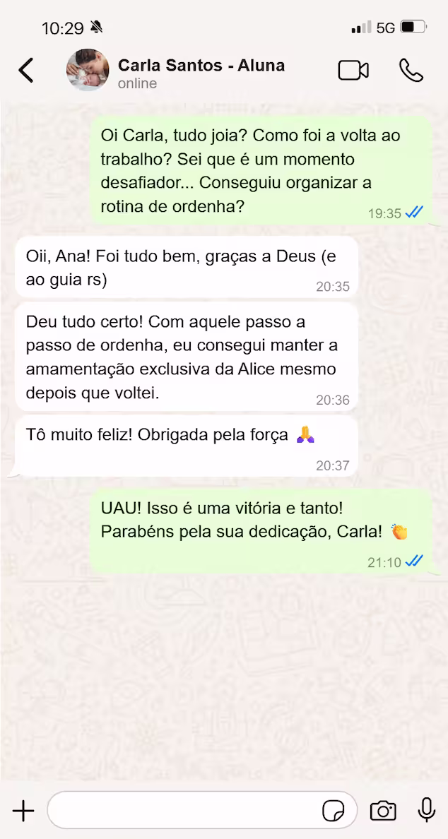 Depoimento WhatsApp de Carla V. sobre volta ao trabalho e ordenha